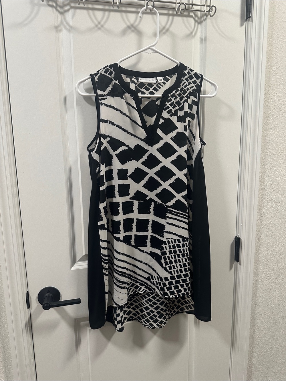 Susan Graver Black and White Patterned Split-Neck Blouse